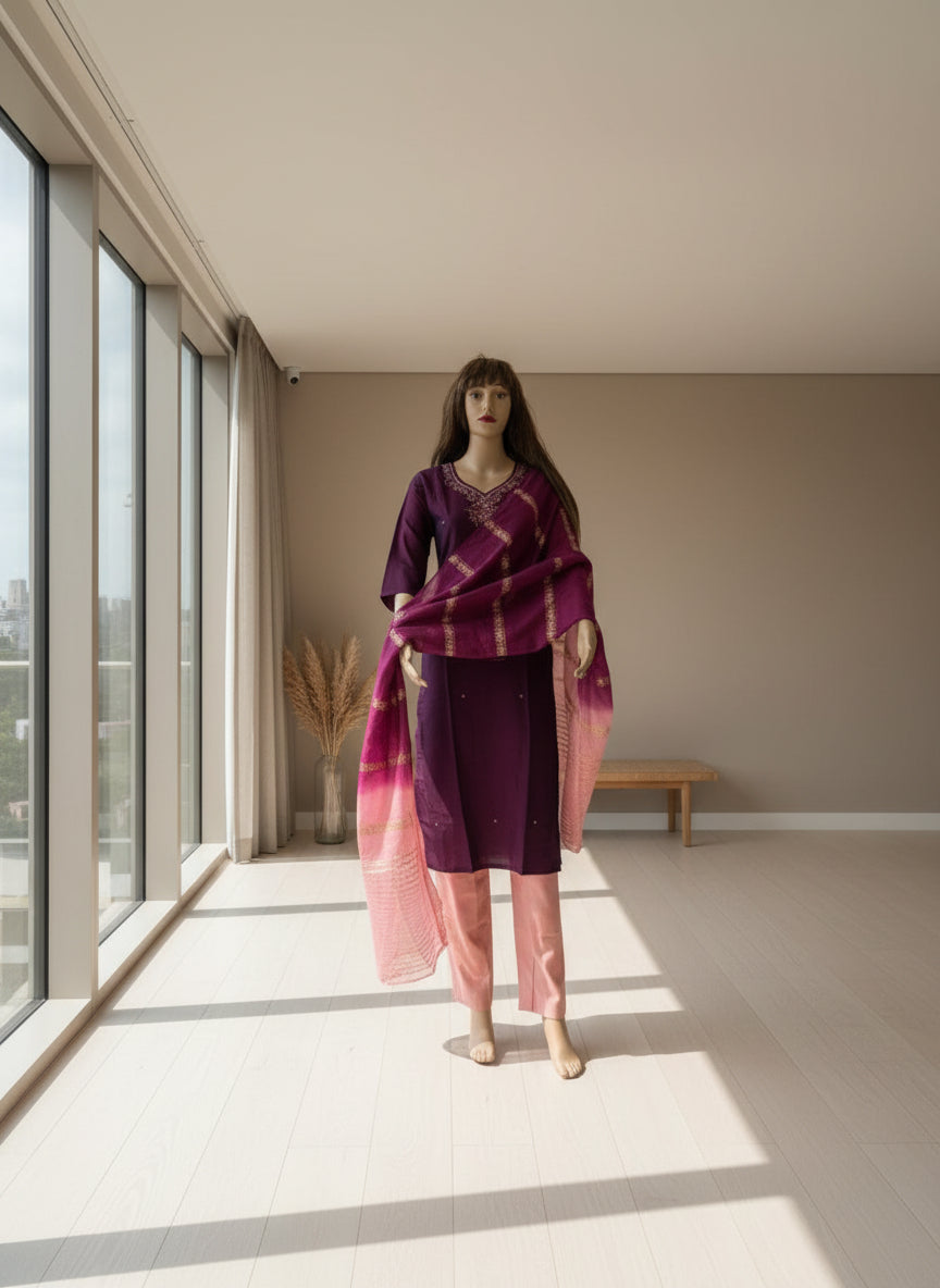 Wine and Pink Silk Kurta Set