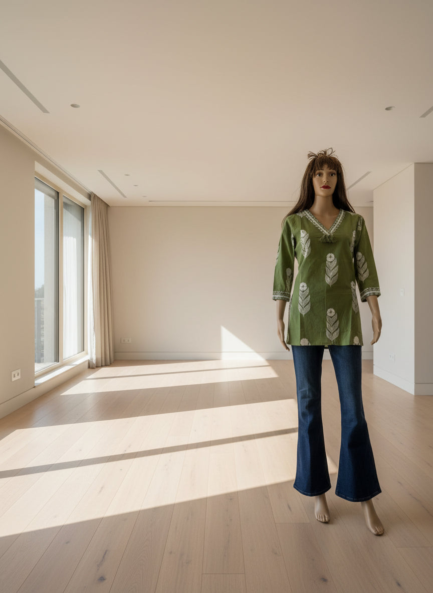 Olive Cotton Short Kurti