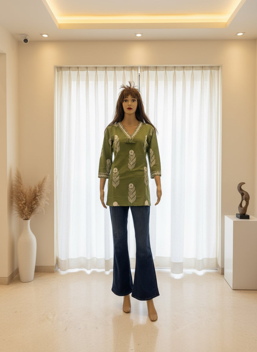 Olive Cotton Short Kurti