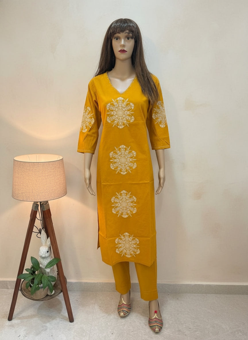 Golden Marigold Embroidered mulcotton Kurta Set