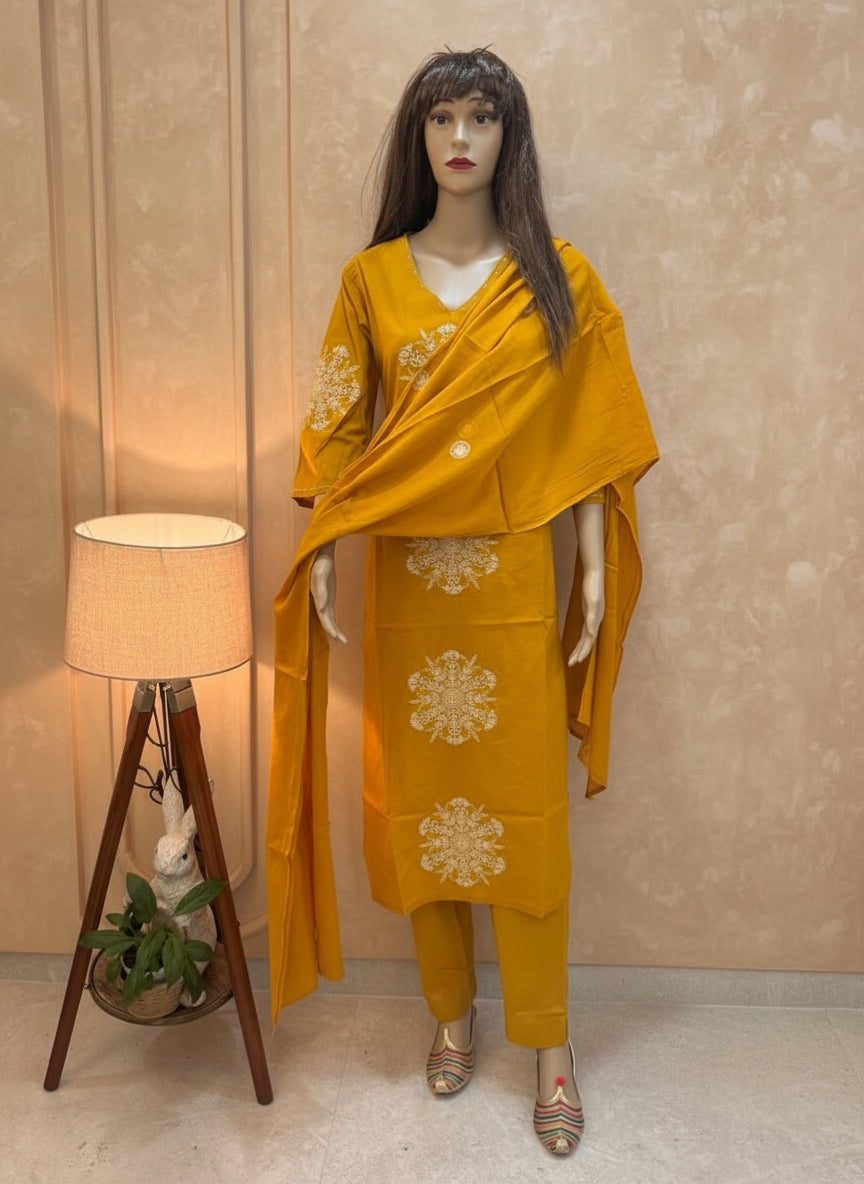 Golden Marigold Embroidered mulcotton Kurta Set