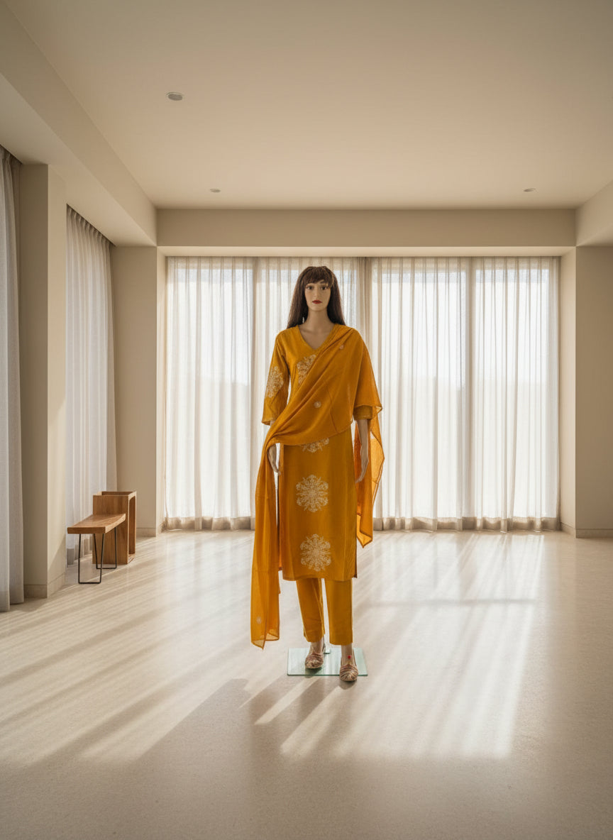 Golden Marigold Embroidered mulcotton Kurta Set