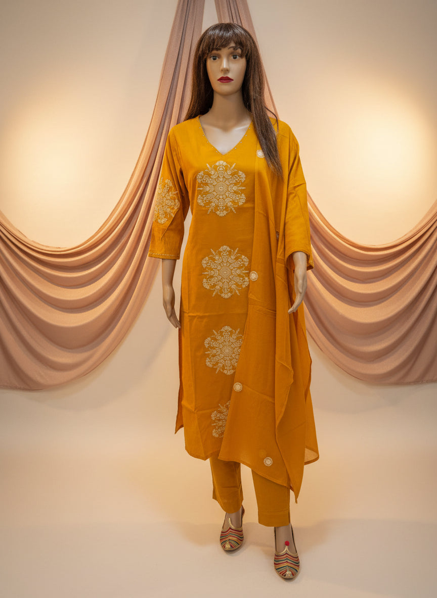 Golden Marigold Embroidered mulcotton Kurta Set