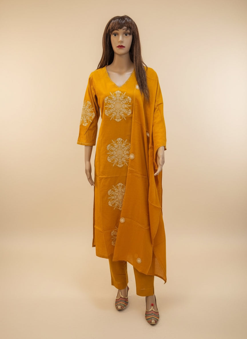 Golden Marigold Embroidered mulcotton Kurta Set