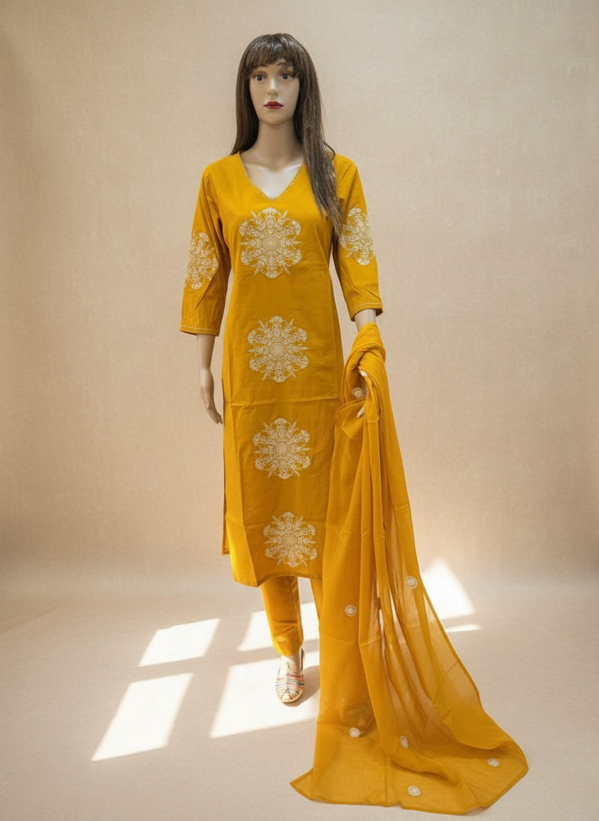 Golden Marigold Embroidered mulcotton Kurta Set