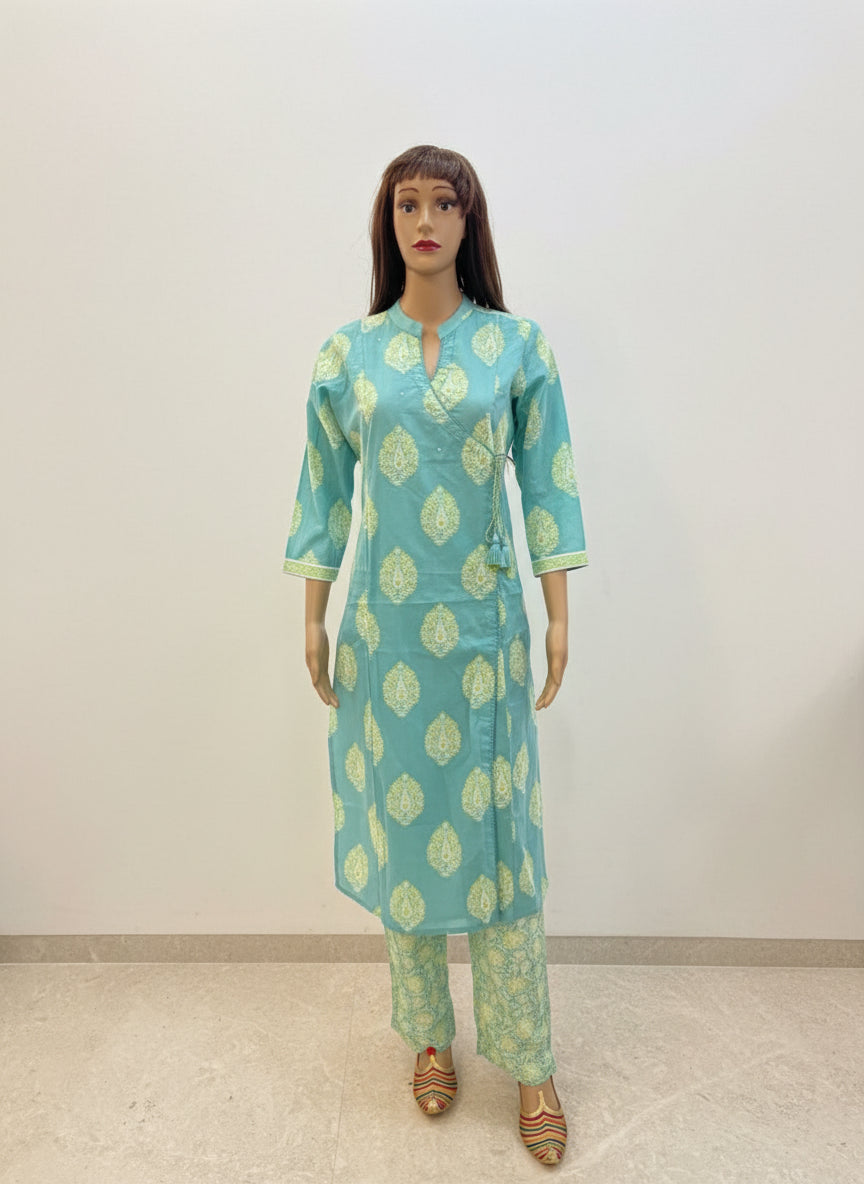 Aqua Bloom Printed angrakha Cotton Kurta Set