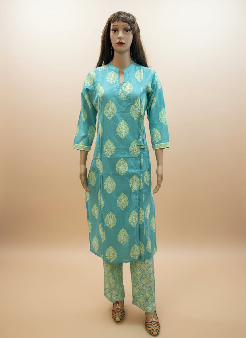 Aqua Bloom Printed angrakha Cotton Kurta Set