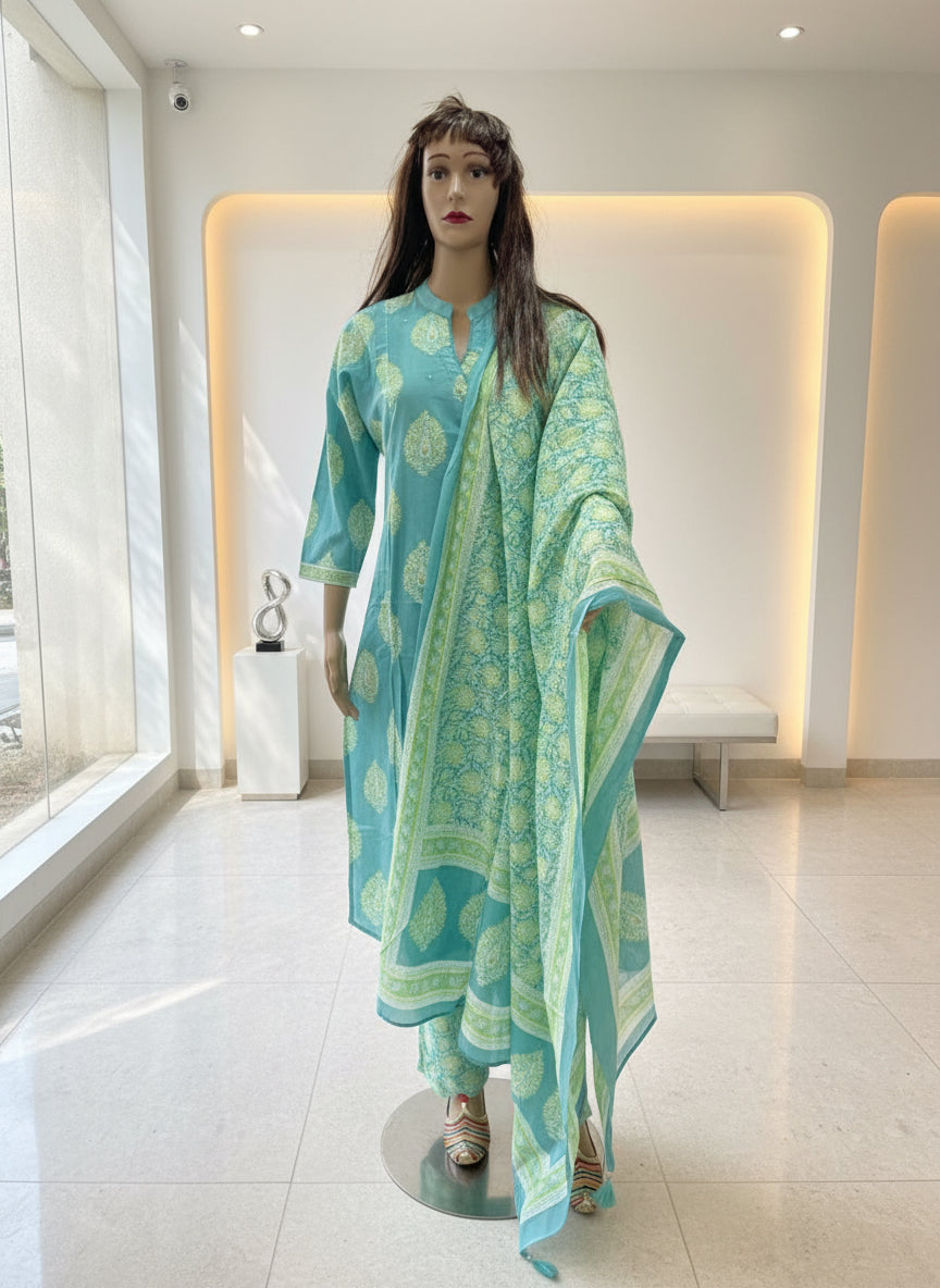 Aqua Bloom Printed angrakha Cotton Kurta Set