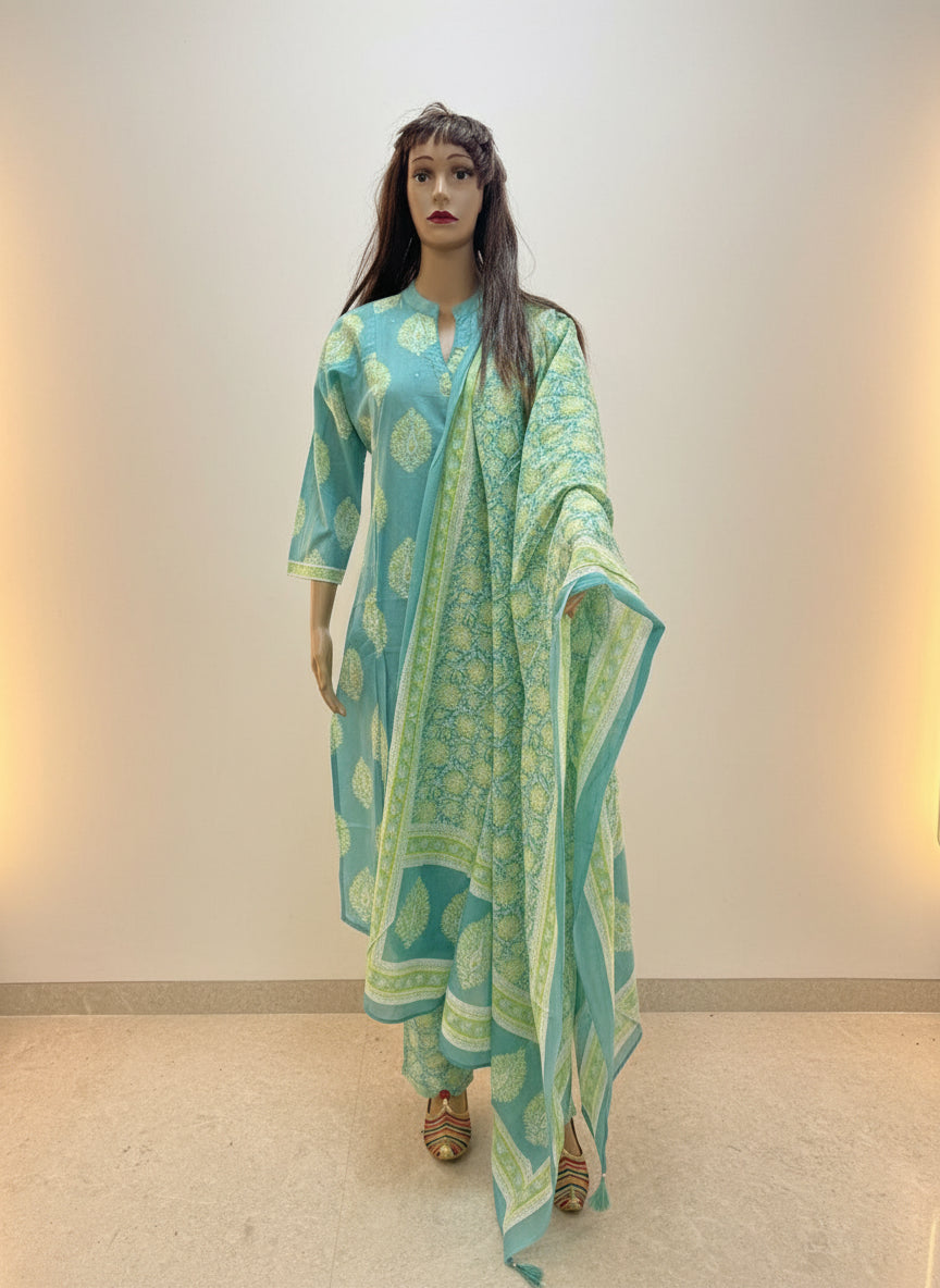 Aqua Bloom Printed angrakha Cotton Kurta Set