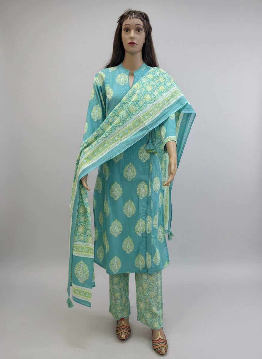 Aqua Bloom Printed angrakha Cotton Kurta Set