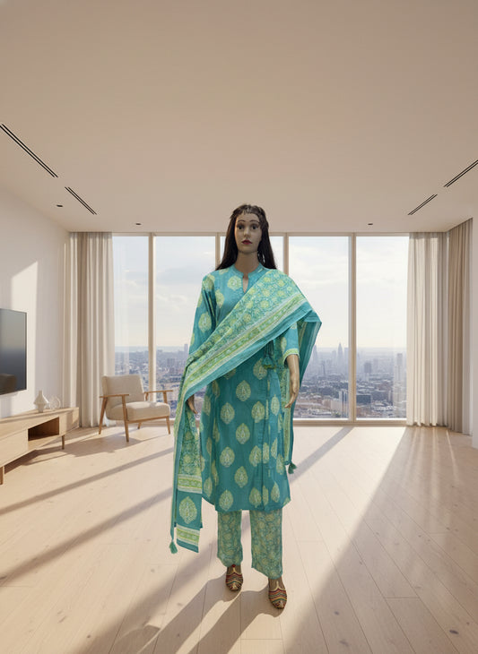 Aqua Bloom Printed angrakha Cotton Kurta Set