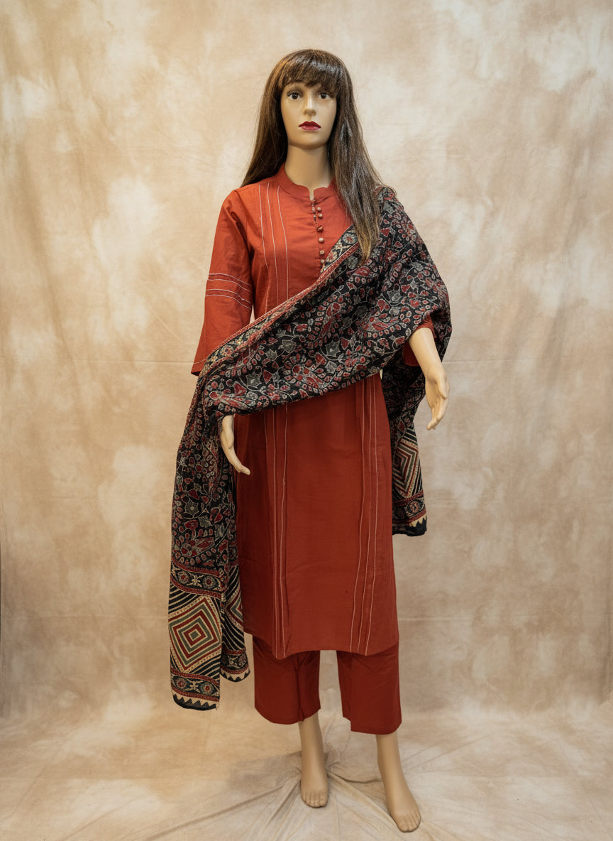 Terracotta Elegance Cotton Kurta Set with Ajrakh Dupatta