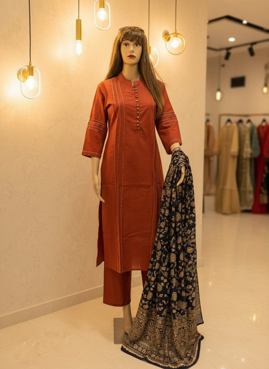 Terracotta Elegance Cotton Kurta Set with Ajrakh Dupatta
