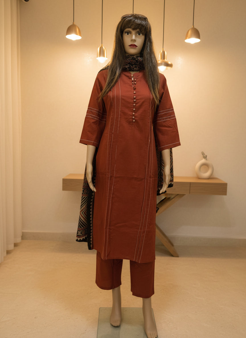 Terracotta Elegance Cotton Kurta Set with Ajrakh Dupatta