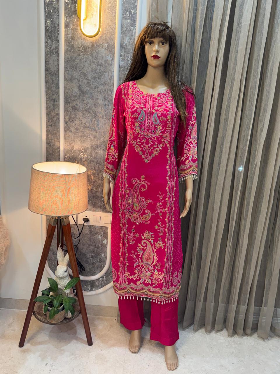 Vibrant Pink Paisley Embroidered Kurta & Pant Set