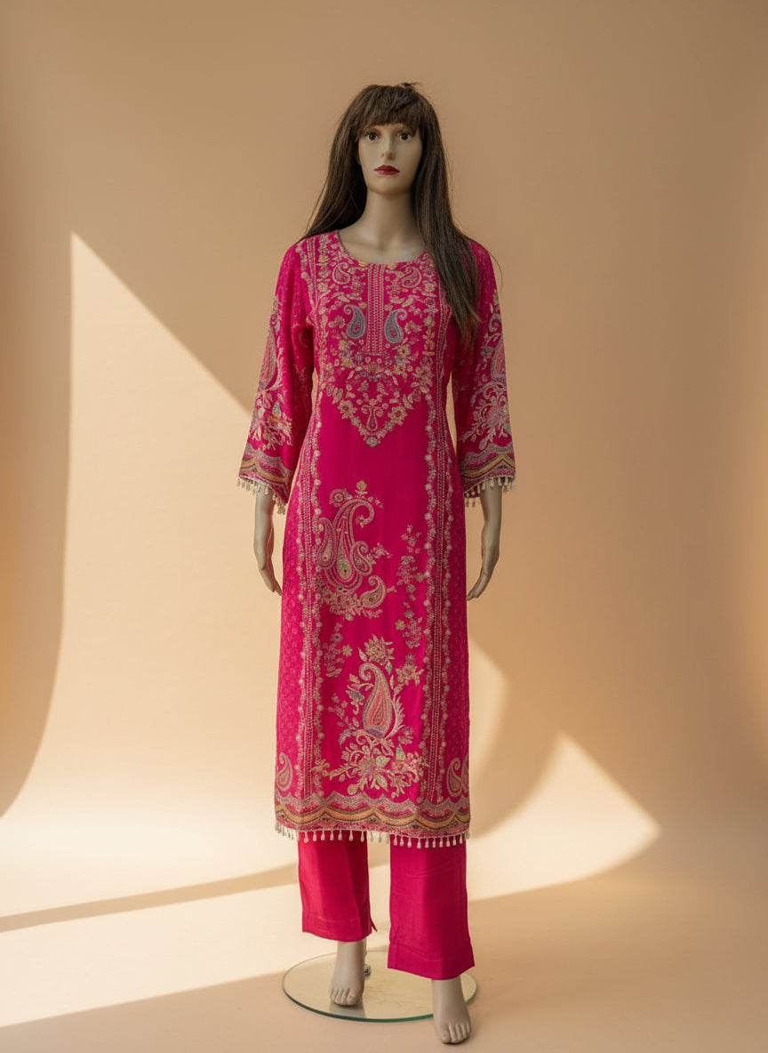 Vibrant Pink Paisley Embroidered Kurta & Pant Set