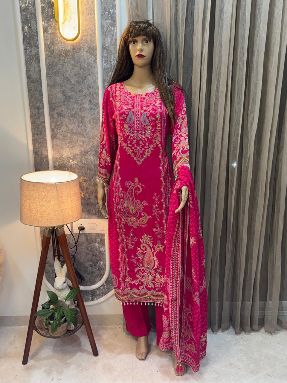 Vibrant Pink Paisley Embroidered Kurta & Pant Set