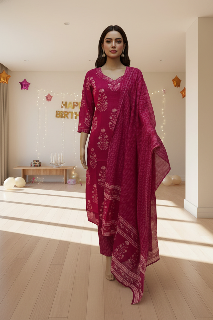 Pink Printed Cotton Kurta Set