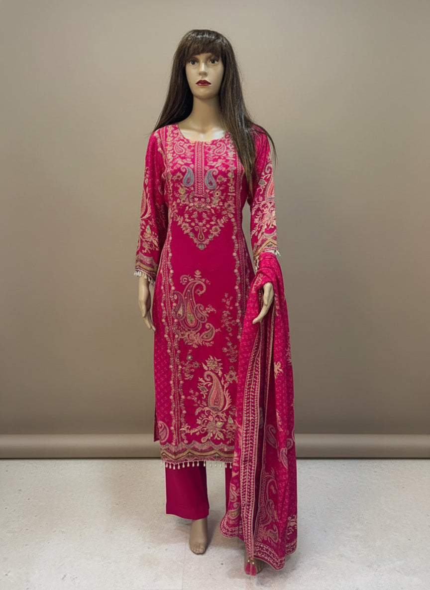 Vibrant Pink Paisley Embroidered Kurta & Pant Set