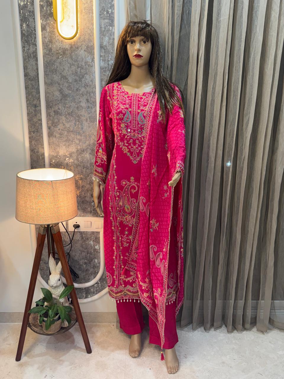 Vibrant Pink Paisley Embroidered Kurta & Pant Set