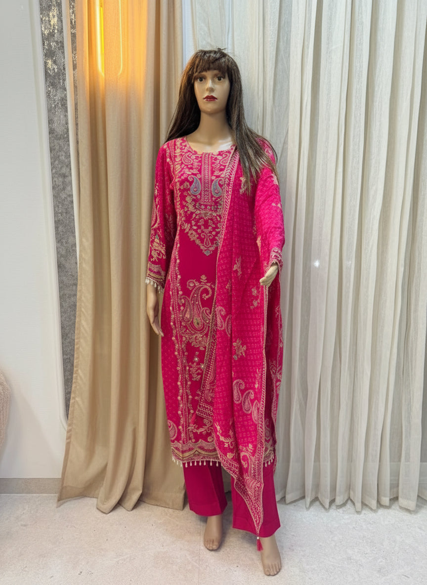 Vibrant Pink Paisley Embroidered Kurta & Pant Set