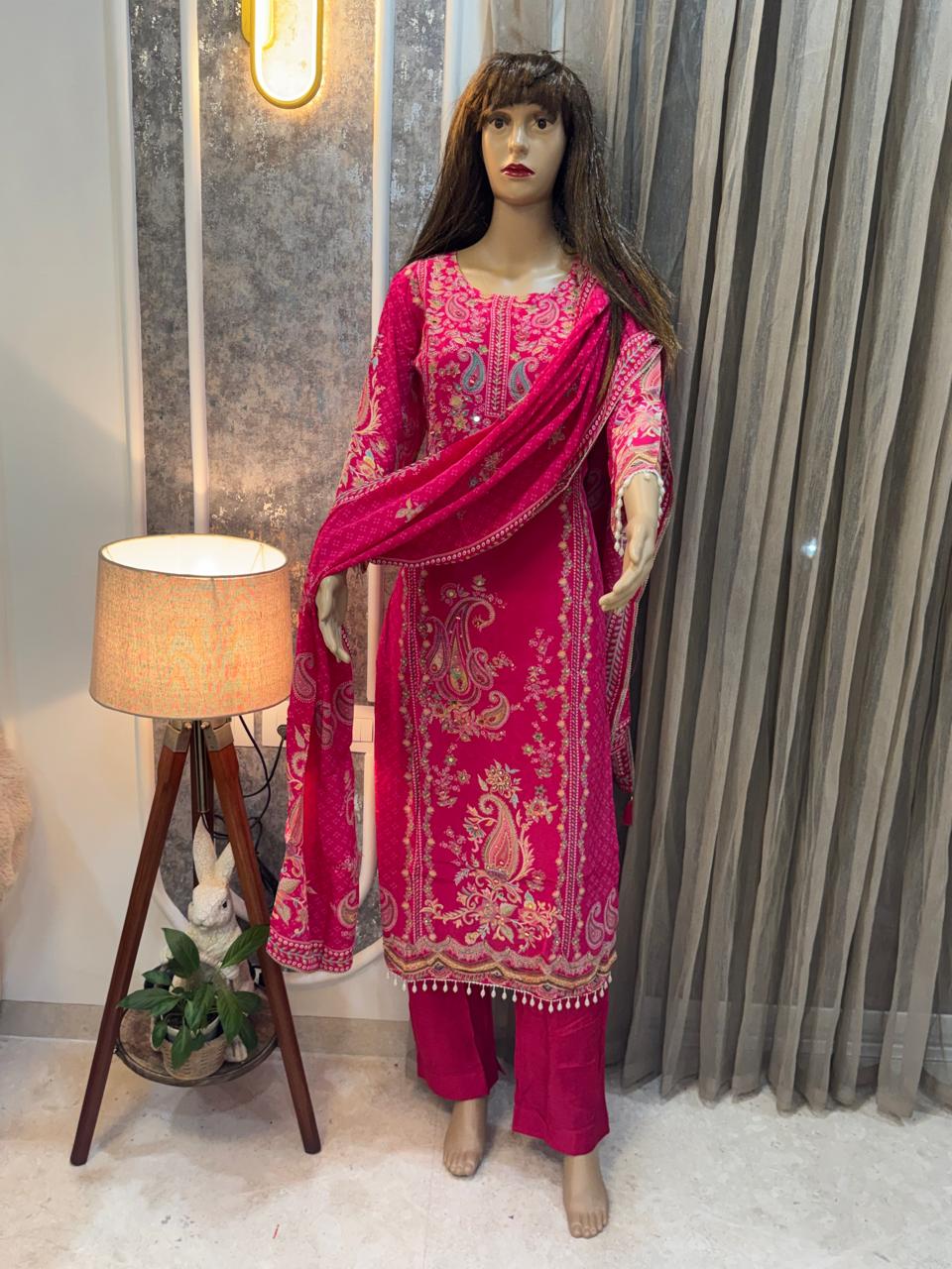 Vibrant Pink Paisley Embroidered Kurta & Pant Set