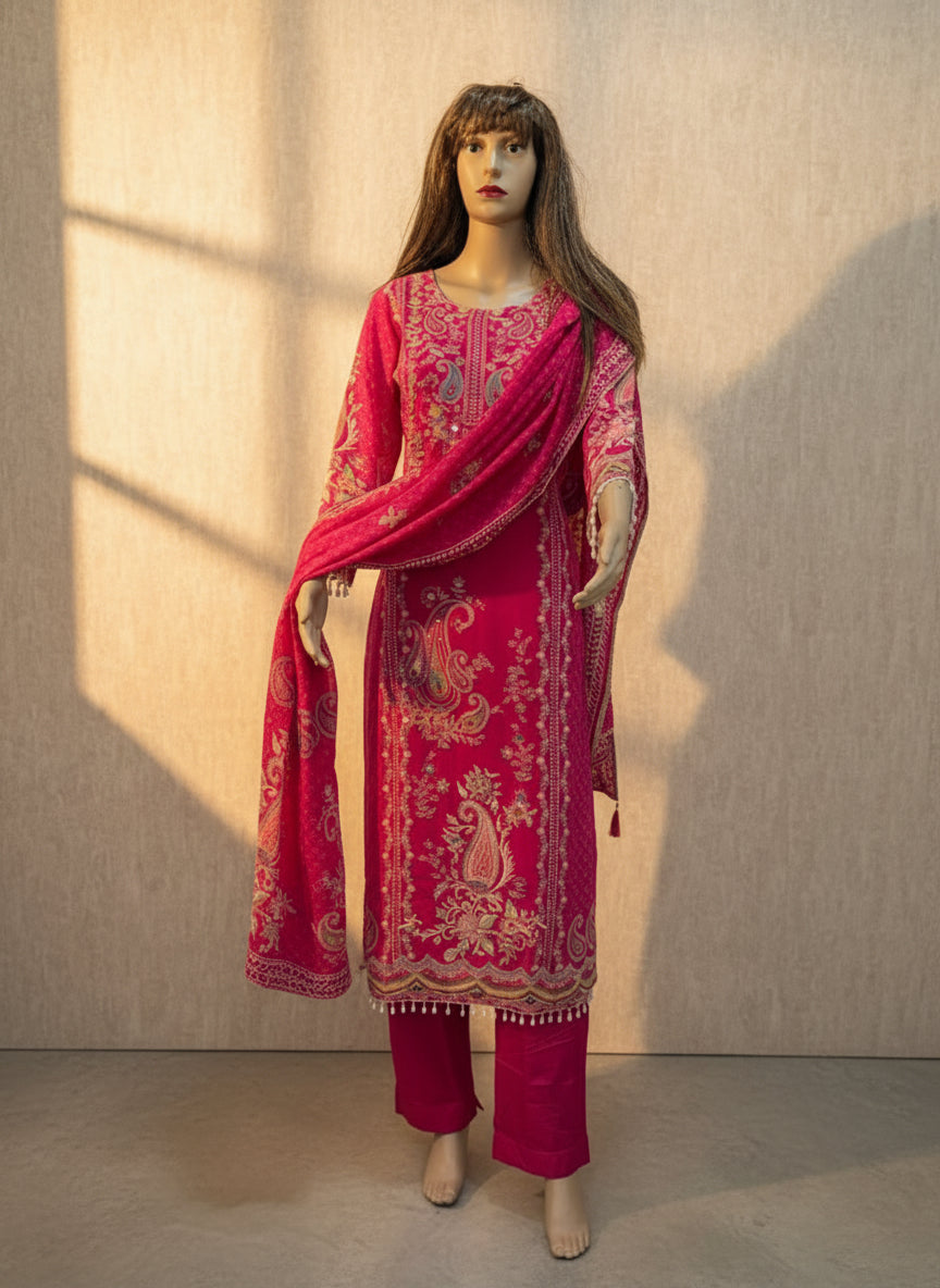 Vibrant Pink Paisley Embroidered Kurta & Pant Set