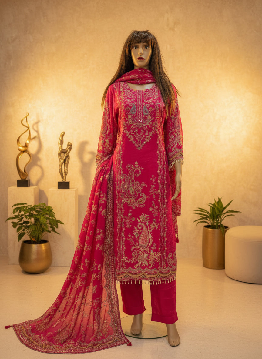 Vibrant Pink Paisley Embroidered Kurta & Pant Set