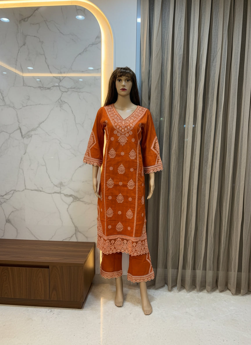 Rust Heavy Embroidered Kurta Set with Dupatta