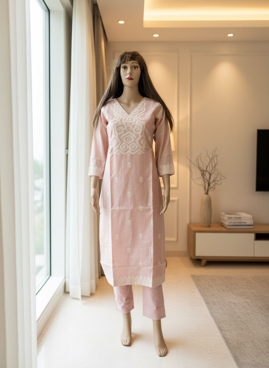 Soft Pastel Pink Threadwork Kurta Set with Dupatta