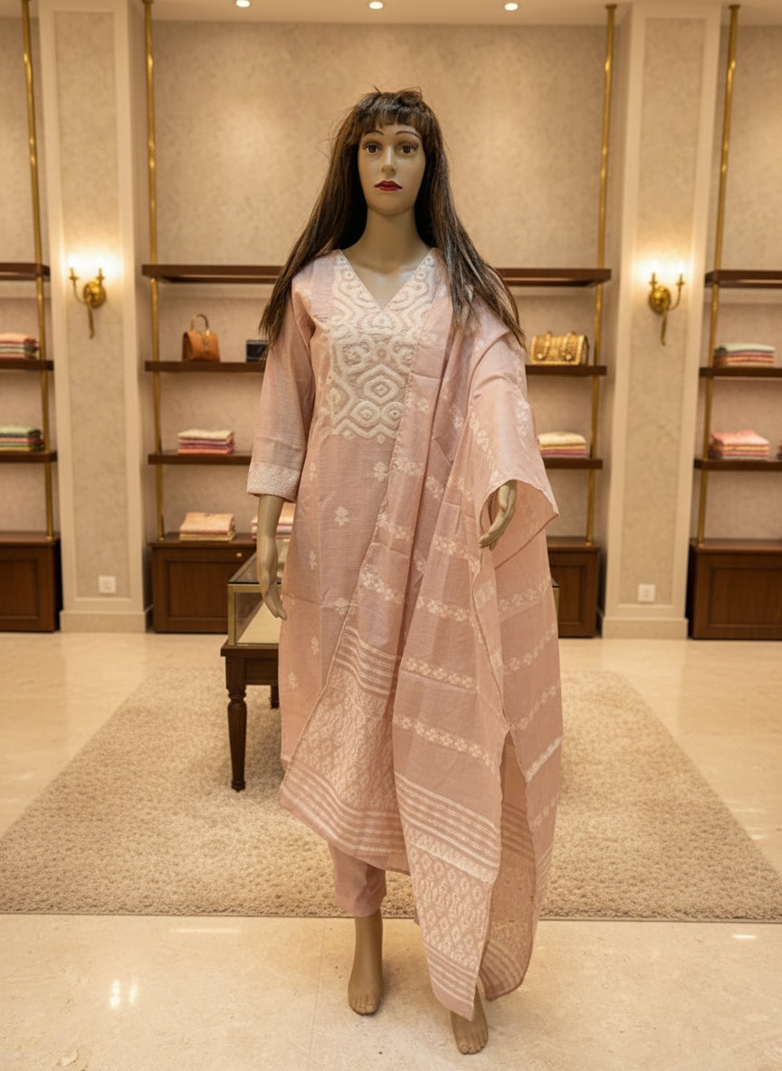 Soft Pastel Pink Threadwork Kurta Set with Dupatta
