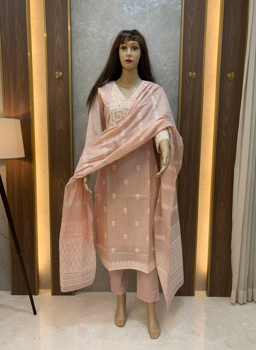Soft Pastel Pink Threadwork Kurta Set with Dupatta
