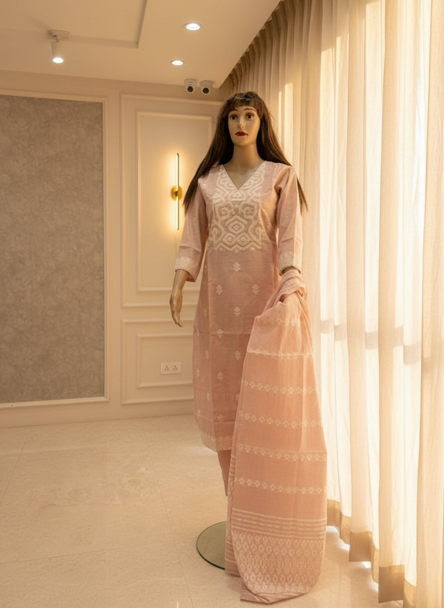 Soft Pastel Pink Threadwork Kurta Set with Dupatta