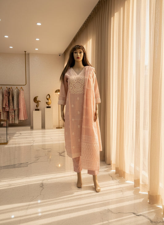 Soft Pastel Pink Threadwork Kurta Set with Dupatta