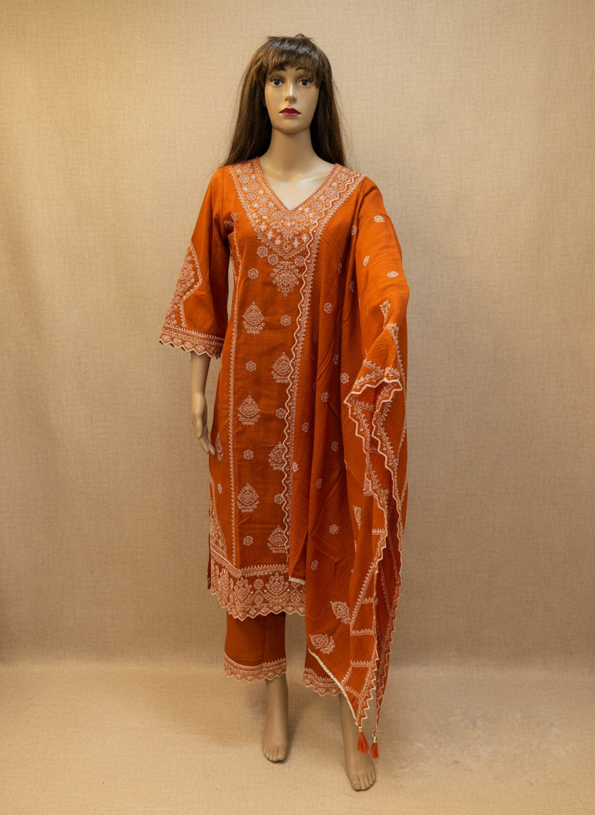 Rust Heavy Embroidered Kurta Set with Dupatta