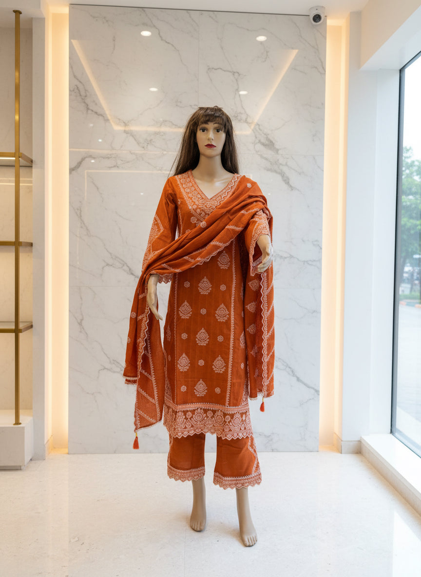 Rust Heavy Embroidered Kurta Set with Dupatta