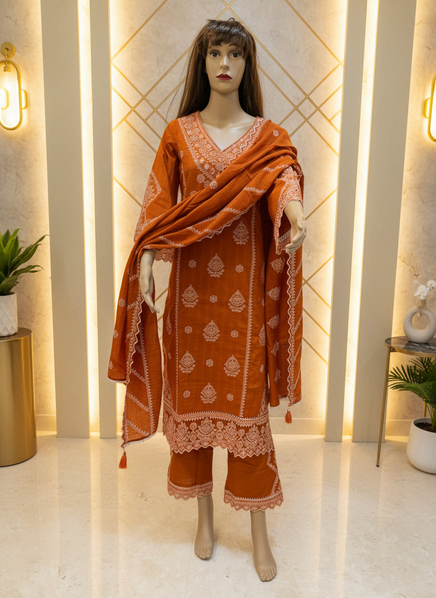 Rust Heavy Embroidered Kurta Set with Dupatta