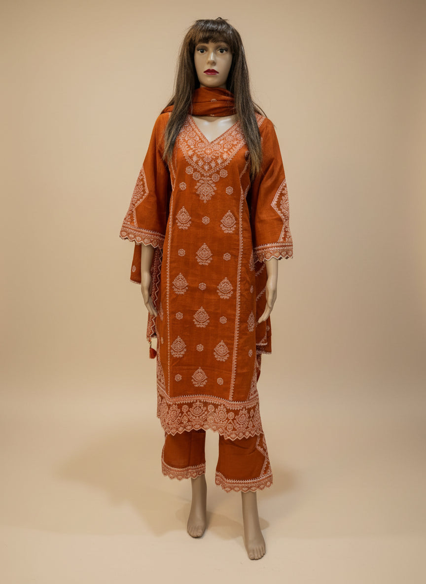 Rust Heavy Embroidered Kurta Set with Dupatta