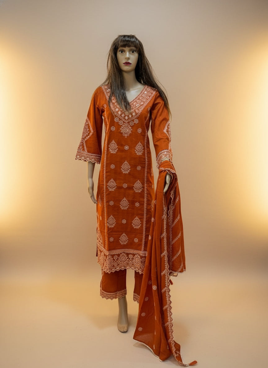 Rust Heavy Embroidered Kurta Set with Dupatta