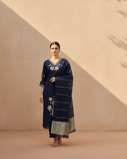 Navy Blue Embroidered Kurta Set