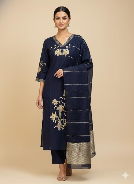 Navy Blue Embroidered Silk Banarasi dupatta Kurta Set