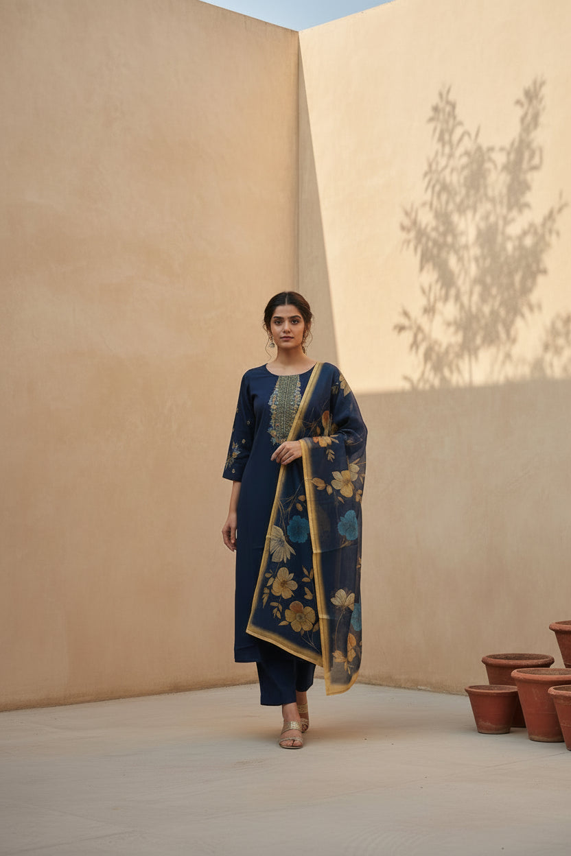 Navy Blue Embroidered Silk Kurta Set with Dupatta
