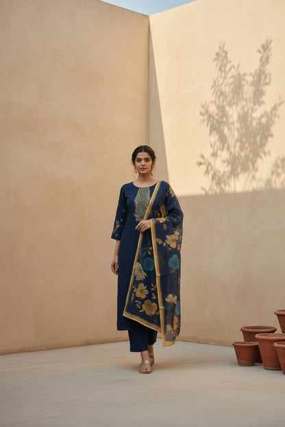 Navy Blue Embroidered Silk Kurta Set with Dupatta