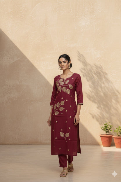 Maroon Embroidered Silk kurta set With Dupatta