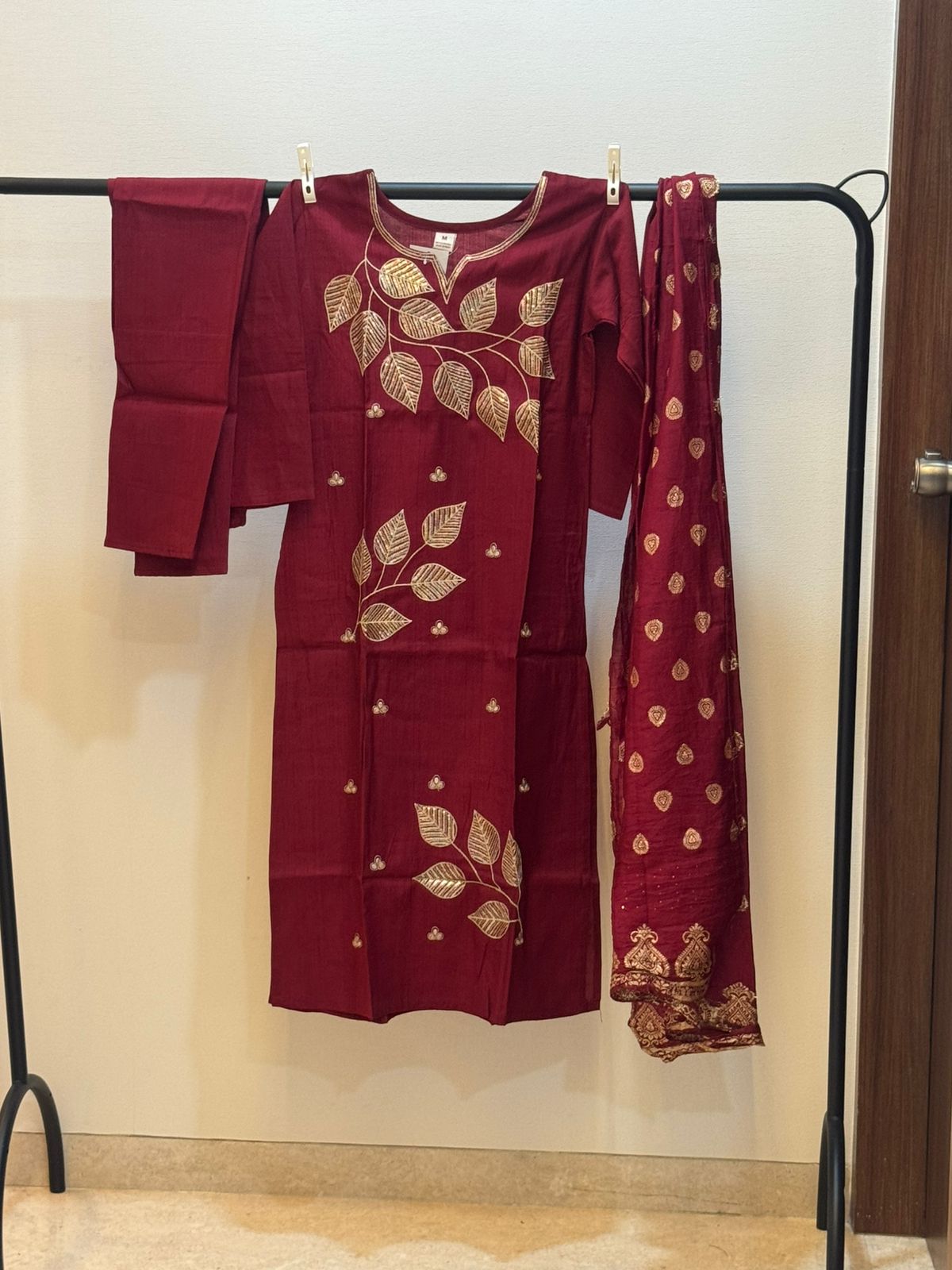 Maroon Embroidered Silk kurta set