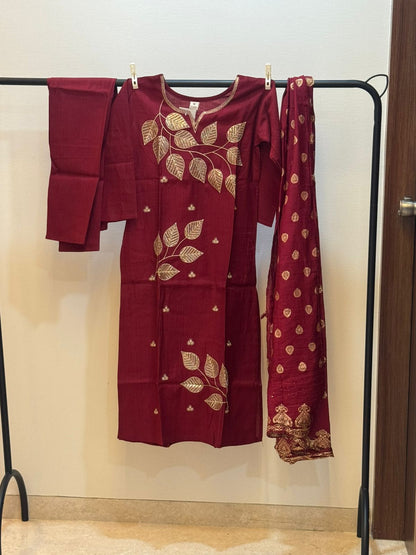 Maroon Embroidered Silk kurta set