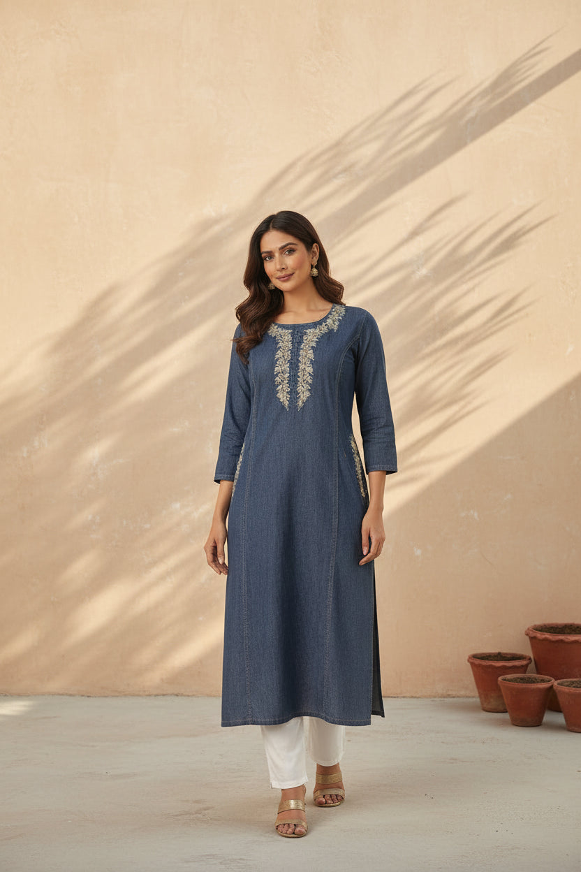 Soft Denim Bloom Kurta for Women | Stylish Casual & Everyday Ethnic Wear