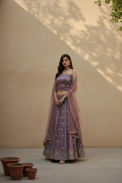 Mauve Embroidered Lehenga Set with Zari Work (Unstitched)
