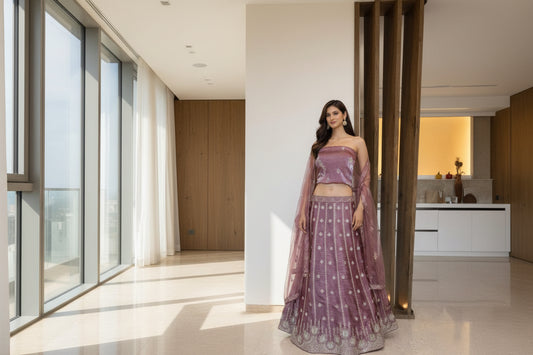 Mauve Embroidered Lehenga Set with Zari Work for Weddings & Festive Wear (unstitched)
