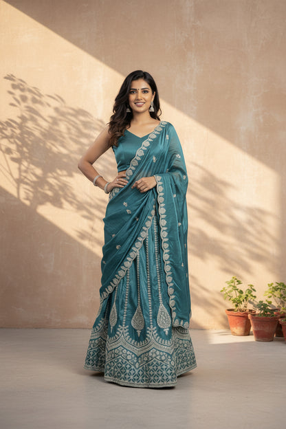 Teal Embroidered Lehenga Set(unstitched) | Festive & Wedding Ethnic Wear
